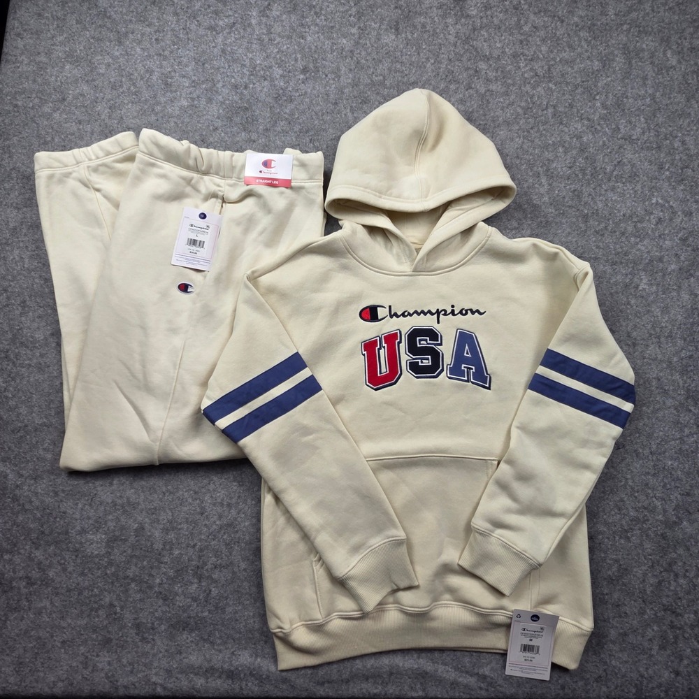 Champion Boys USA Olympics Fleece Hoodie M and Sweatpants L Set Cream NEW